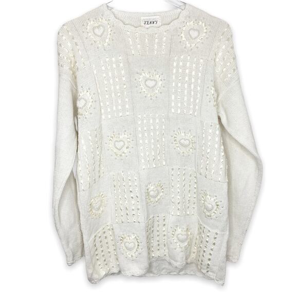 Vintage Jenny Pearl Ribbon Heart Cottagecore Grannycore Pullover Sweater Sz M - Picture 1 of 8